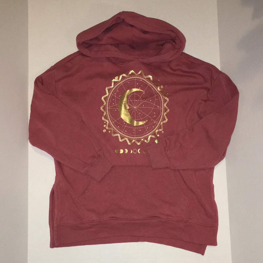 Rust Red Hoodie with Metallic Gold Moon Graphic | girls size L